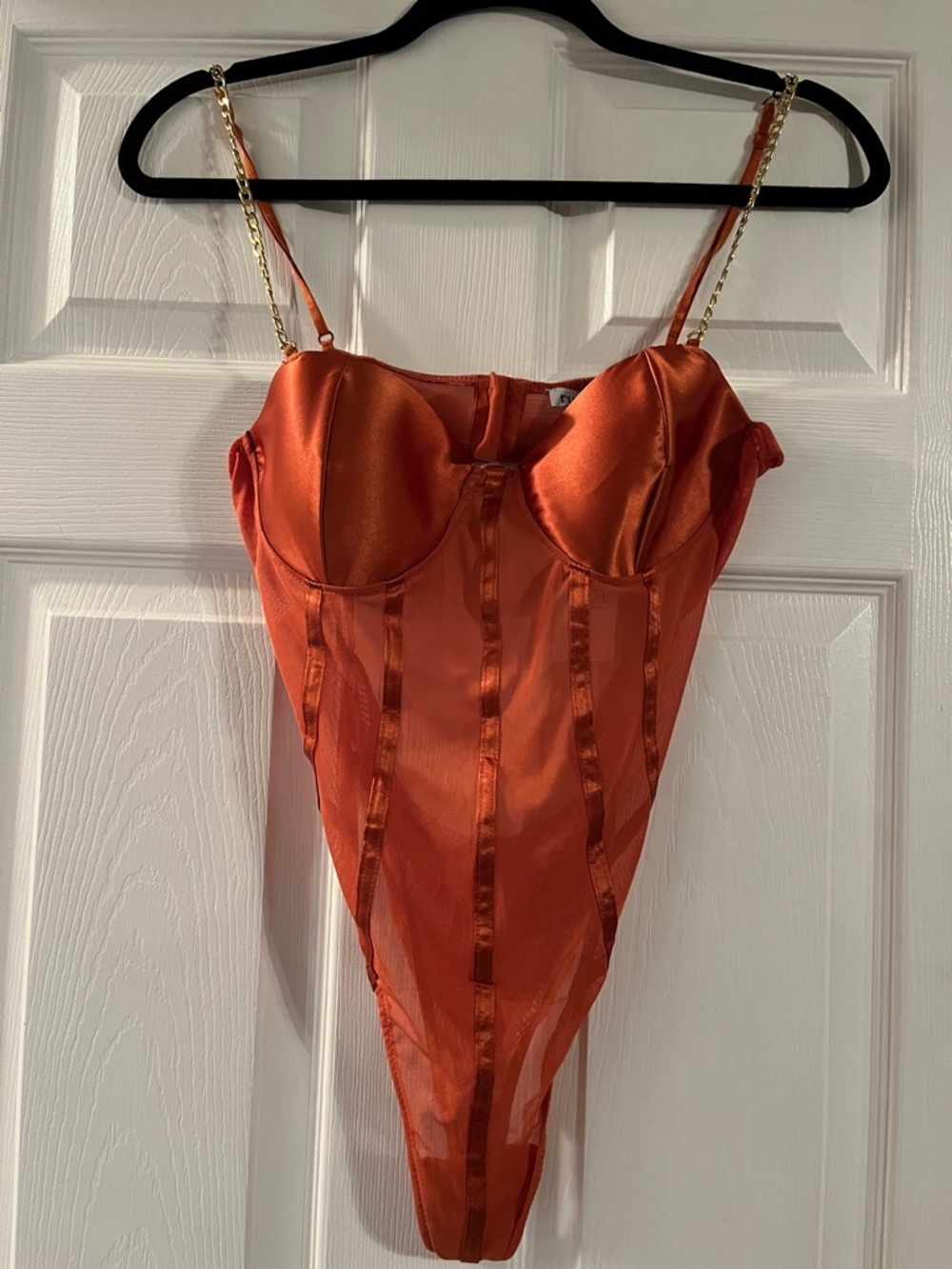 Rue21 Satin Underwire Bodysuit in Orange with Gold Chain Straps